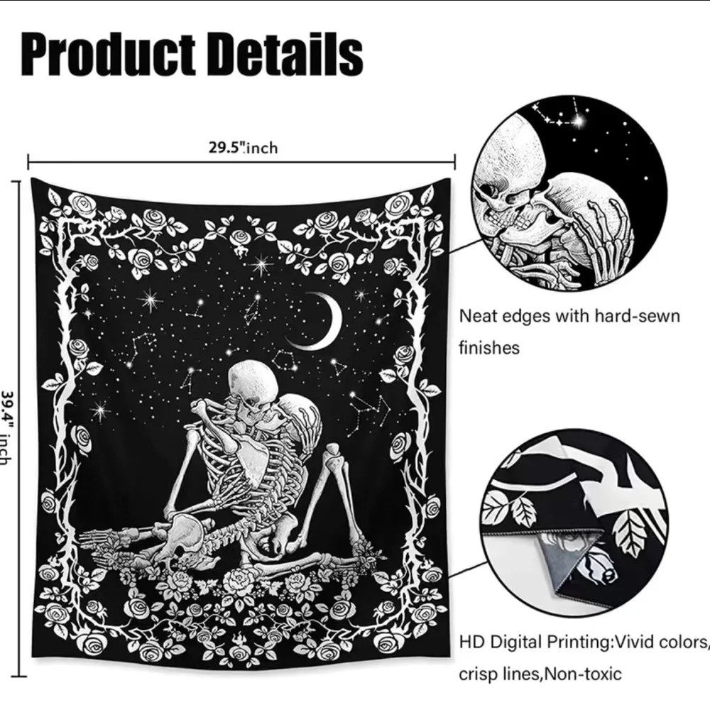 Monad Tapestry‎ The Kissing Lovers Skull Black Moon And Star 39.4”X 29.5”inch